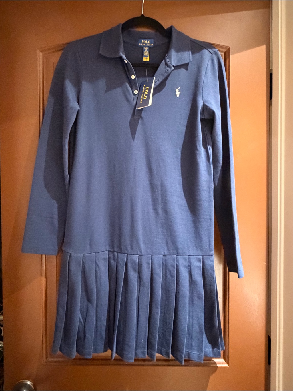 Polo By Ralph Lauren Girls' Navy Long-Sleeve Pleated Polo Dress